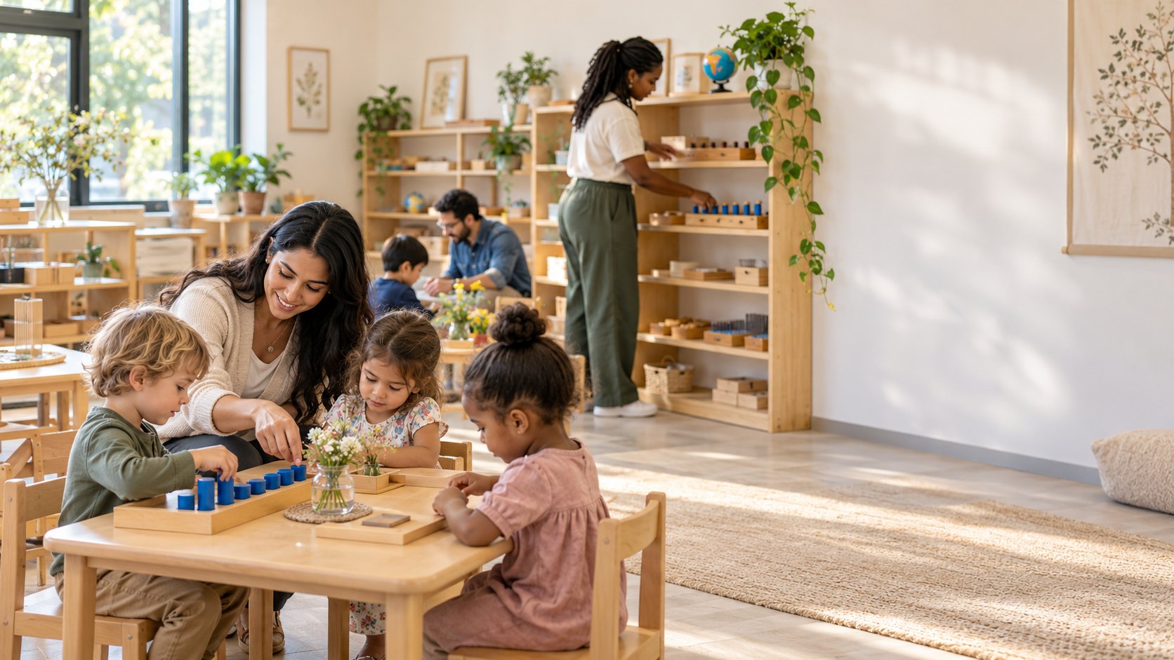 A Montessori educator works with young children at a classroom table while a colleague prepares the shelves