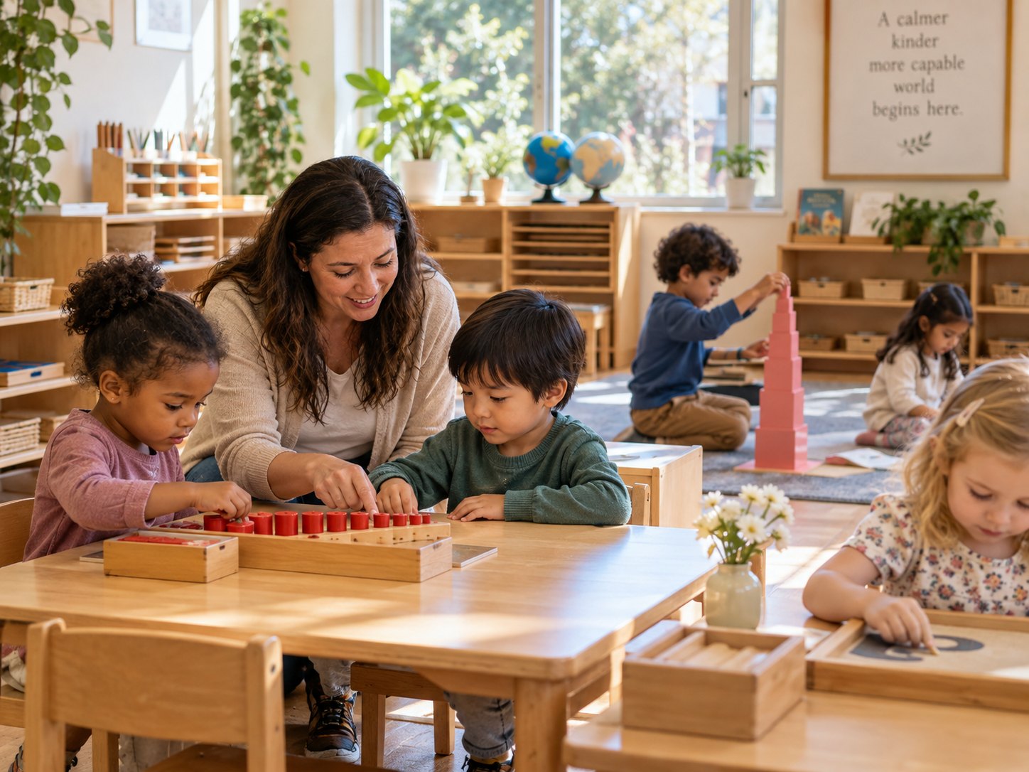 A Montessori educator guides two children working with the knobbed cylinders in a sunlit classroom