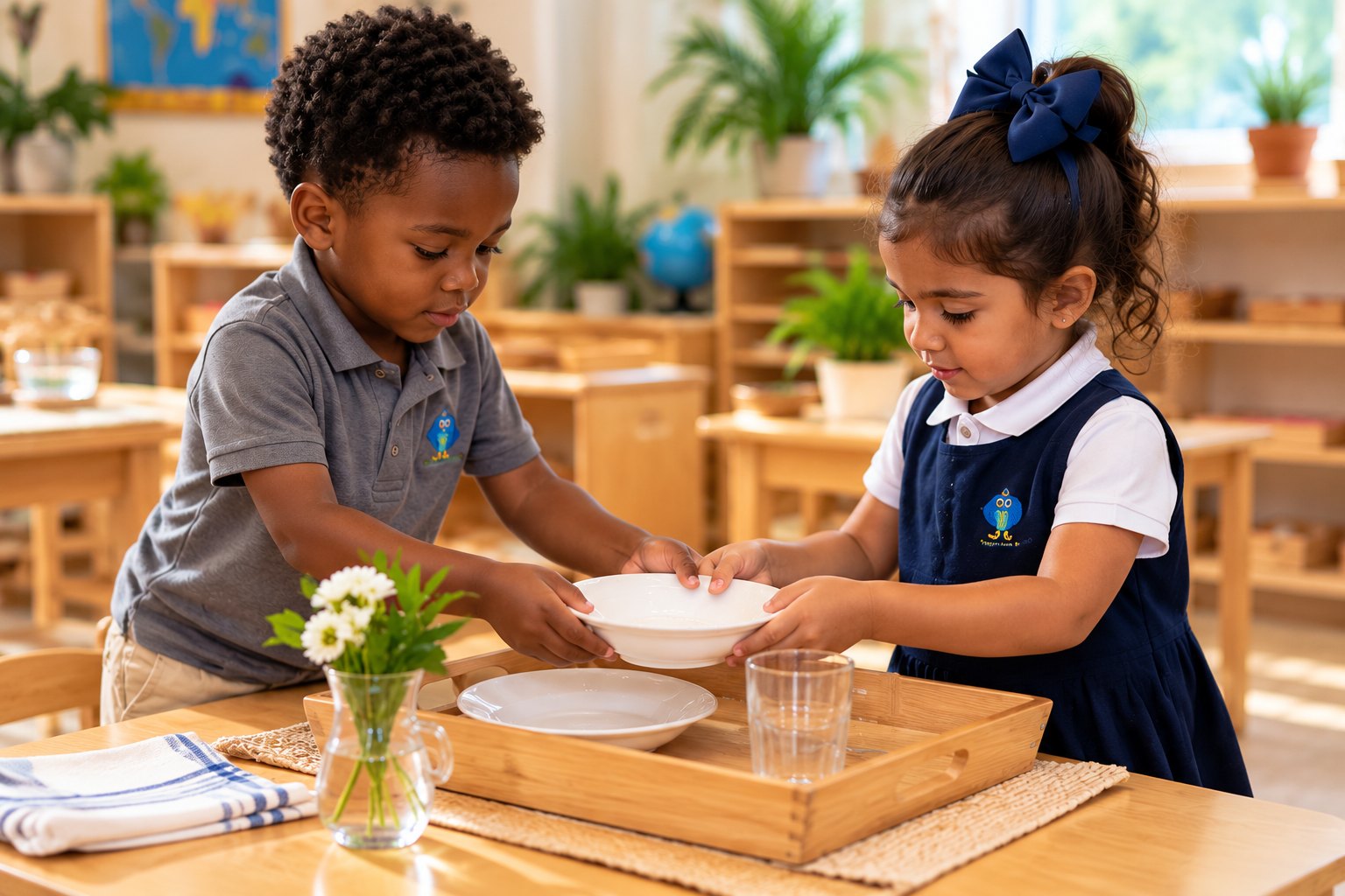 Two children carefully carry a tray with dishes together in a Montessori classroom