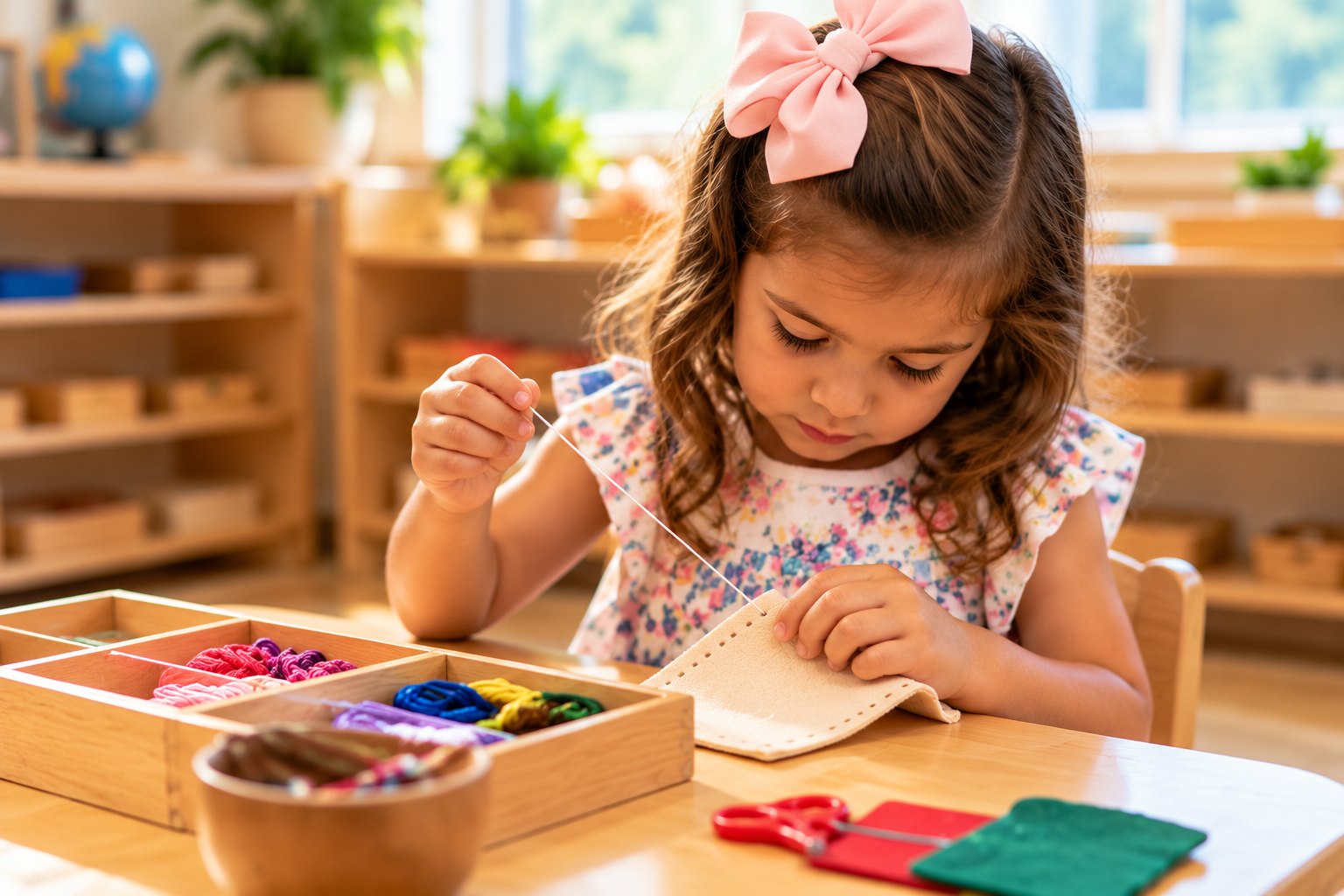 A young girl concentrates on a sewing activity at a classroom table